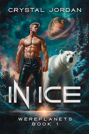 In Ice cover - a muscular shirtless man standing in an icy landscape with a polar bear next to him and multiple moons and planets showing in the sky