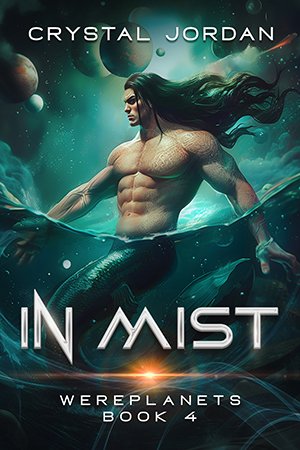 In Mist cover - a muscular merman floating in an ocean with multiple moons and planets showing in the sky