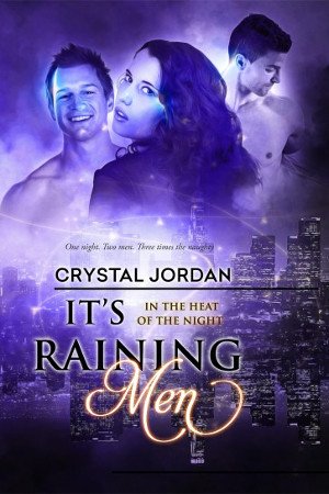 It's Raining Men cover - a city scape on the lower half and on the upper half are three people, a woman if long curly black hair with two dark-haired men behind her