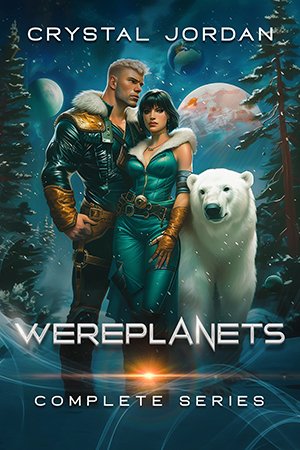 Wereplanets cover - a couple in futuristic bodysuits with fur collars standing in an icy landscape with a polar bear next to them and multiple moons and planets showing in the sky